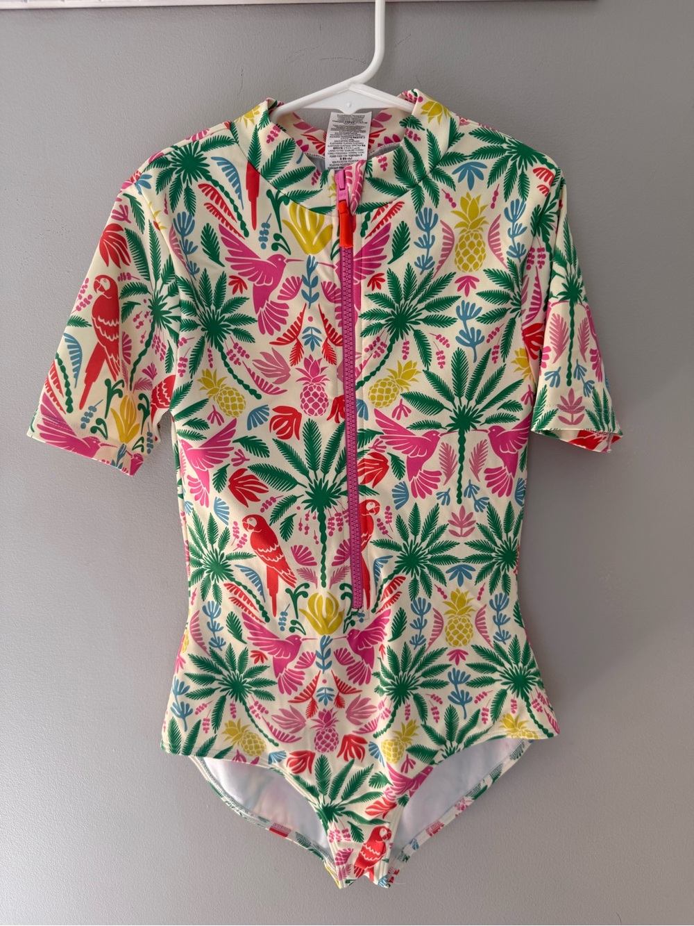 Girls Mini Boden Tropical Print Short-Sleeve Rash Guard Swimsuit - 13/14